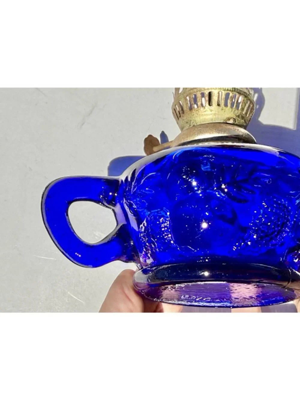 Vintage Cobalt Blue Glass Finger Oil Lamp Fruit Base & Ruffled Chimney Hong Kong